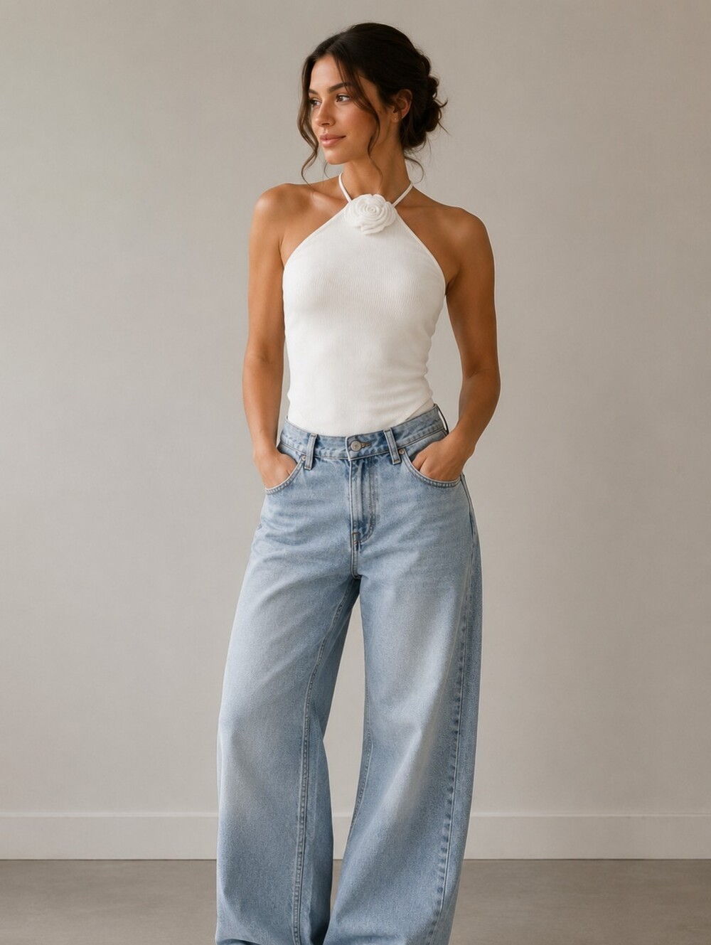 Wild Fable White Halter Neck Rosette Cotton Blend Bodysuit